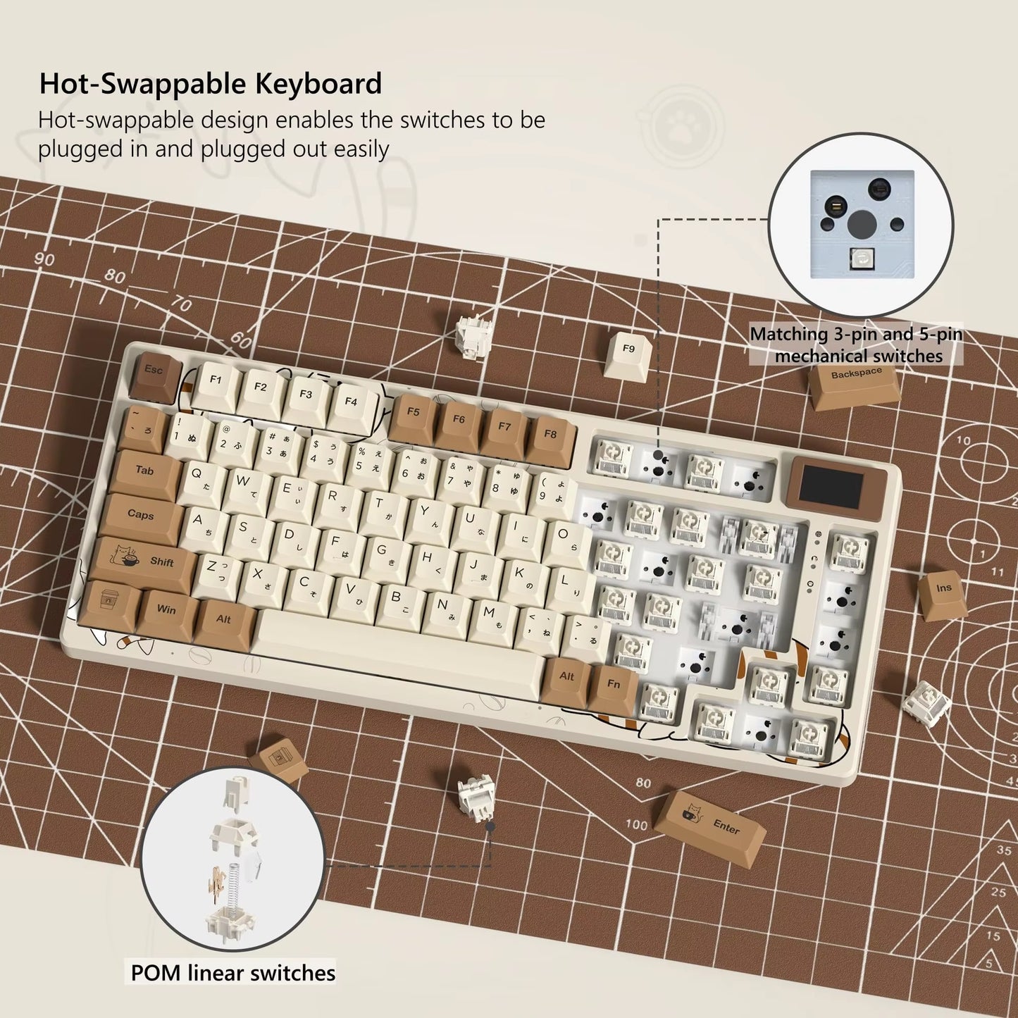 S-K80 75% Coffee Cat Keyboard with OLED Display Mechanical Gaming Keyboard Hot Swap Keyboard Gasket RGB Custom Keyboard