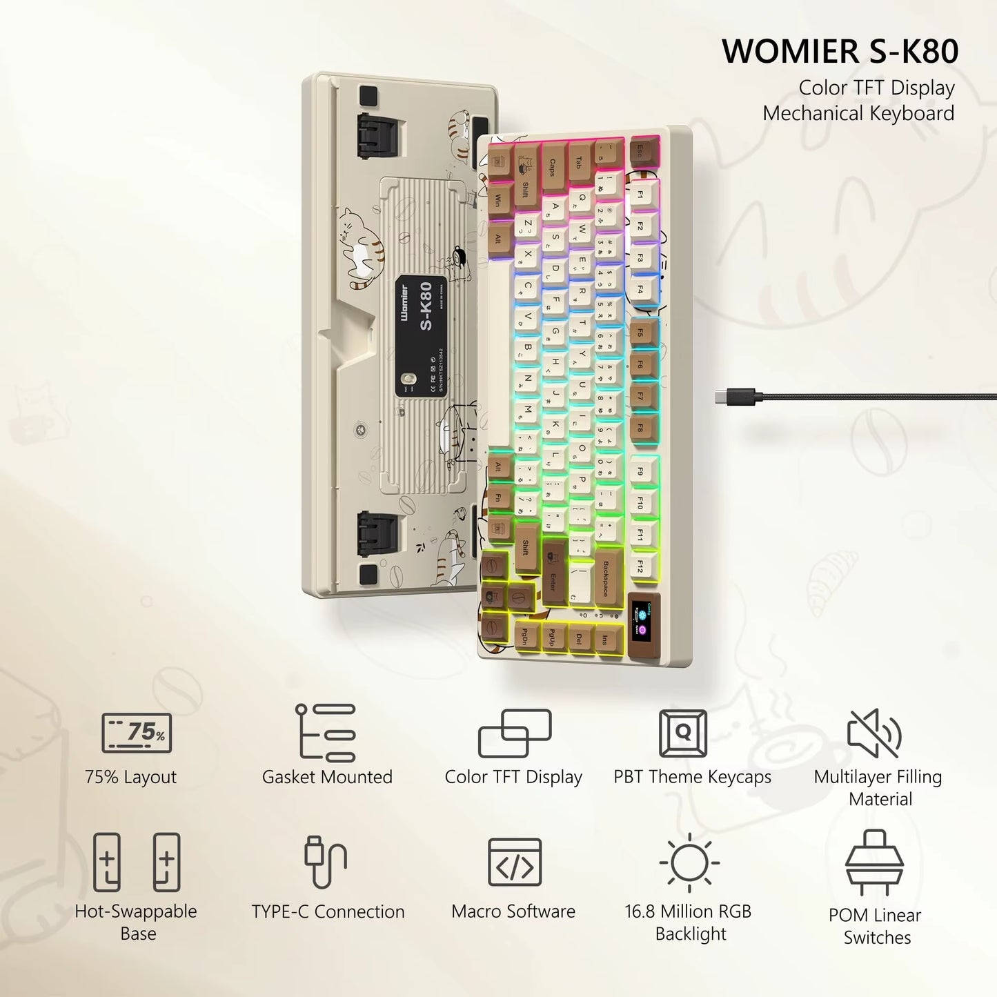 S-K80 75% Coffee Cat Keyboard with OLED Display Mechanical Gaming Keyboard Hot Swap Keyboard Gasket RGB Custom Keyboard