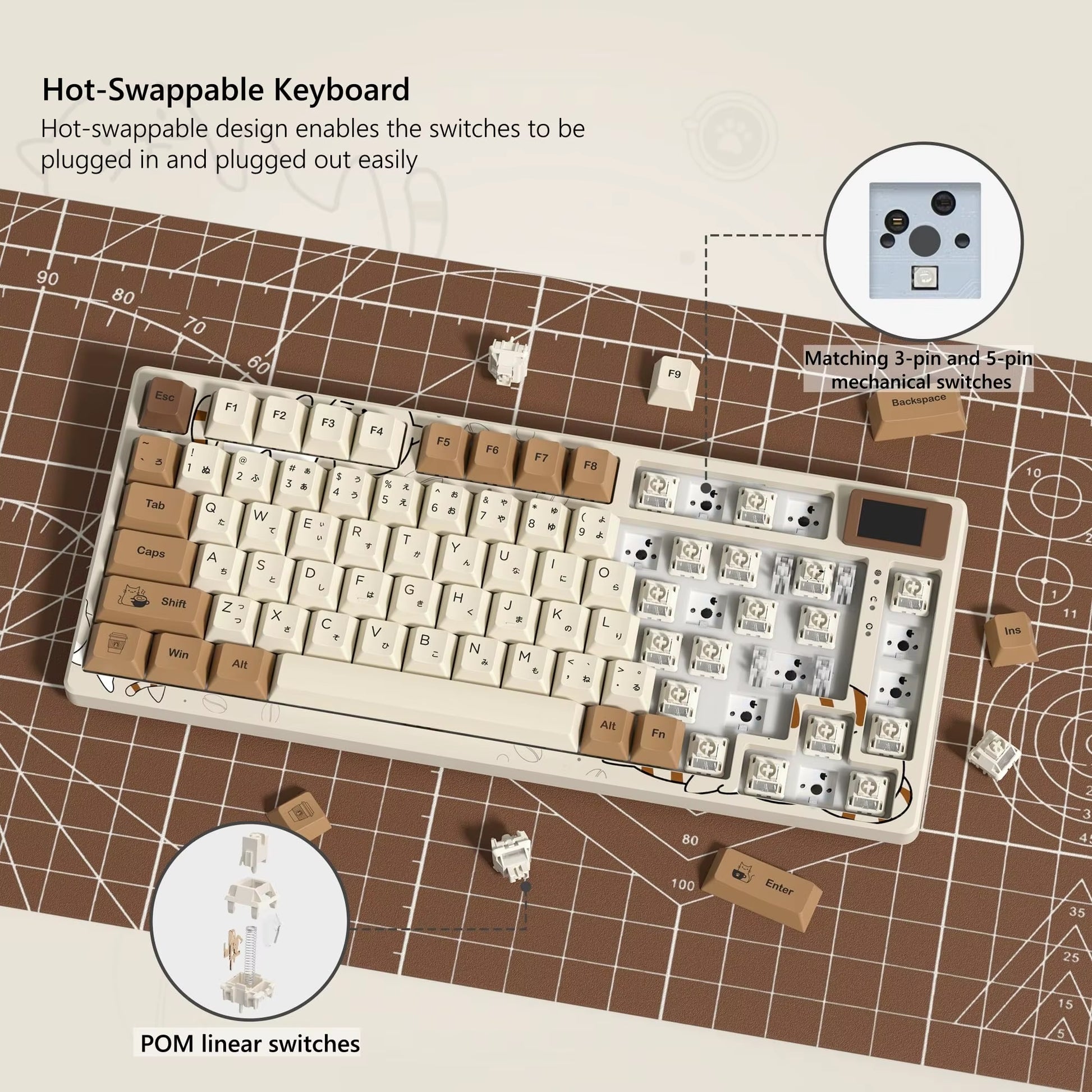 S-K80 75% Coffee Cat Keyboard with OLED Display Mechanical Gaming Keyboard Hot Swap Keyboard Gasket RGB Custom Keyboard